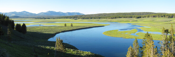 Panoramic view of Yellowstone River in Yellowstone National Park at sunrise