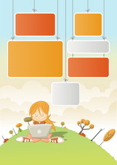 girl with laptop on green park with boards for template