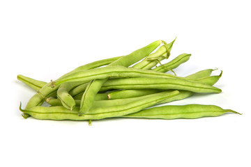 Bunch of fresh green beans on white