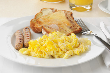 Sausage and eggs with cinnamon toast