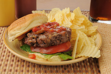 Haburger and chips with salsa