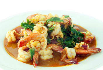 Thai food, shrimp ,with chili pepper and sweet basil.