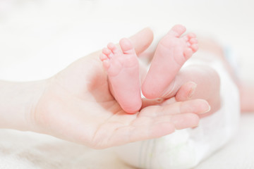 Legs of the newborn baby lay on a hand of mother