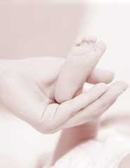 Legs of the newborn baby lay on a hand of mother