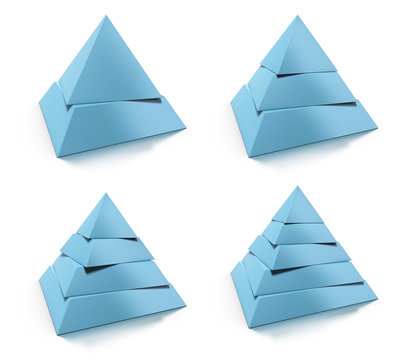 3d abstract pyramids set, two, three, four, five levels