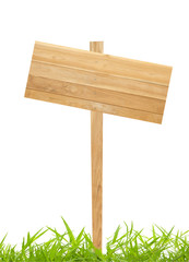 Wood sign with grass isolated on a white background