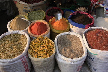 Display of colorful spices and grains, India