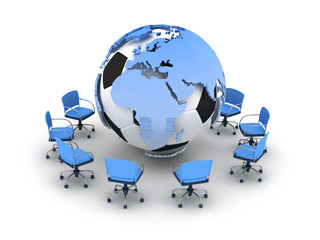 Soccer ball, earth globe and office chairs