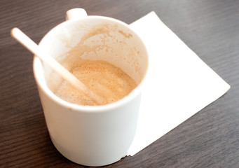 Empty cup of coffee  with white napkin space for text