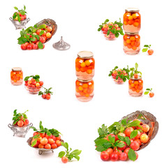 Jar of homemade plum compote, and bowl with fresh fruits