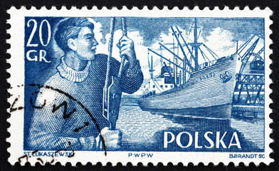 Postage stamp Poland 1956 Dock Worker and S. S. Pokoj