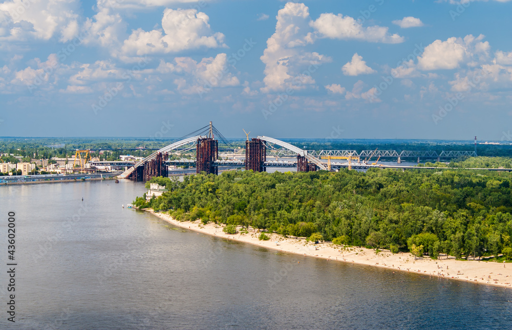 Sticker View of Dnieper river with bridges in Kiev, Ukraine