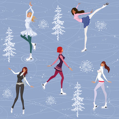 Seamless pattern with pretty girls skating on ice © milovelen