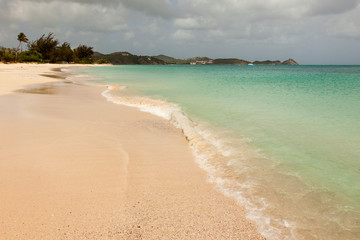 Tropical Sandy Caribbean Beach with Cloudy Overcast Sky