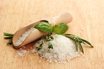 salt in shovel with fresh basil, rosemary and thyme
