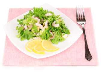 Delicious marinated shrimp in plate isolated on white