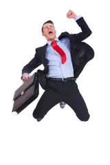 super excited business man with briefcase