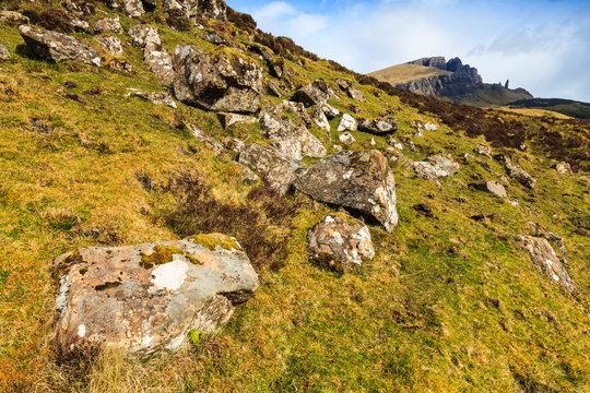 Rocks on grassland on a mountain slope