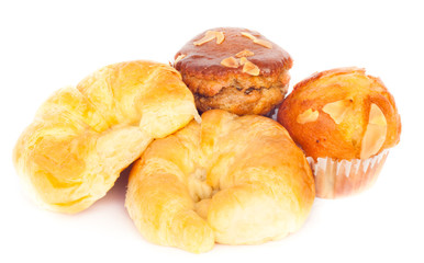 butter croissant with freshly mixed muffin on the white backgrou