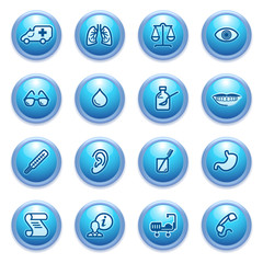 Medicine icons on blue buttons.