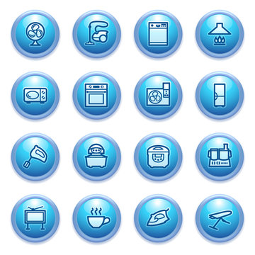 Home appliances  icons on blue buttons.