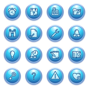 Organizer icons on blue buttons.