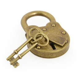 Padlock and two key isolated on white with clipping path