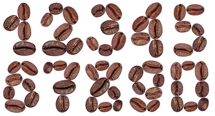 number made with coffee beans on a white background