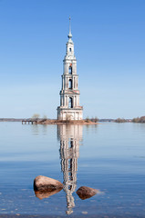 The flooded belltower on river Volga, Kalyazin, Russia