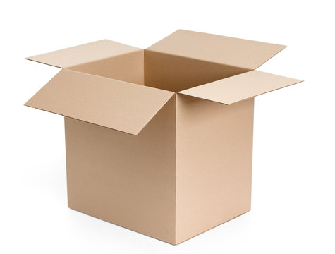 Opened cardboard package, isolated, white background