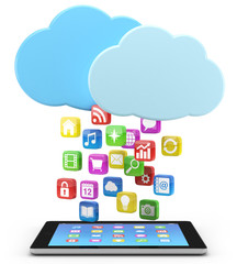 digital tablet pc with app icons and cloud