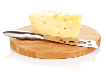 tasty cheese and knife on wooden board isolated on white