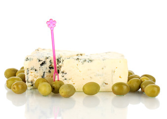 Cheese with mold and olives isolated on white