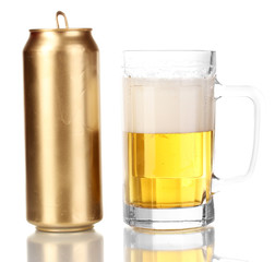 Golden can and beer glass isolated on white.