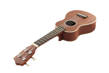 Small guitar (ukulele) focus neck on white background.