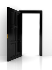 Black door over white background