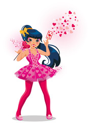 girl holding a card with hearts and a heart shaped wand