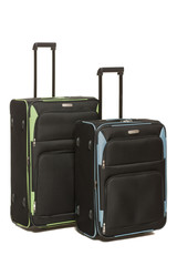Two travel bags black with green and blue inserts over white
