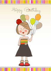 Funny girl with balloon, birthday greeting card