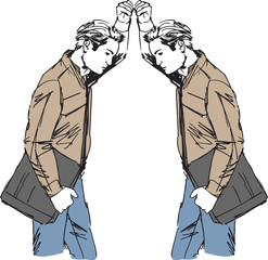 sketch of Man takes a look at himself in the mirror. Vector illu