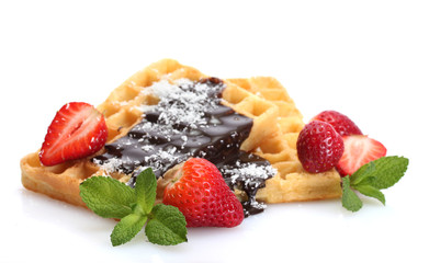 belgium waffles with strawberries and mint  isolated on white