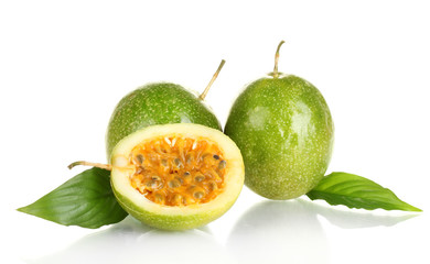 green passion fruit isolated on white background close-up