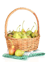 ripe pears in basket isolated on white.