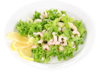 Delicious marinated shrimp in plate isolated on white