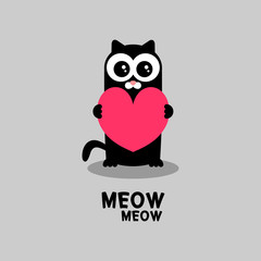 Love card black kitten holding a heart