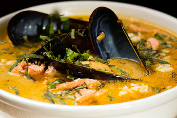 spicy seafood soup with mussels and fish
