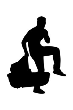 A silhouette of a robber holding a carrycot