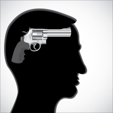 Human head silhouette with revolver gun - illustration