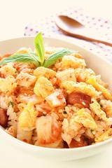 Korean cuisine kimchi fried rice with egg and sausage