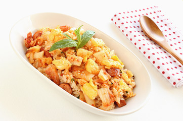 Korean cuisine kimchi fried rice with egg and sausage